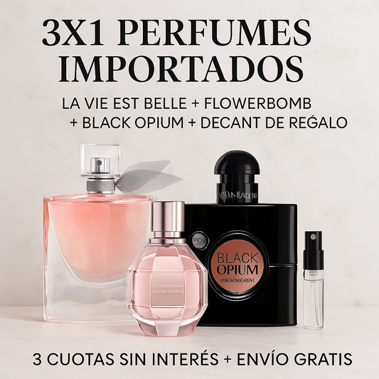 3X1 La Vie est Belle - Flowebomb- Black Opium + Decant de Regalo!
